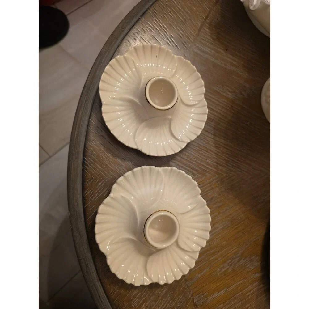 Lenox Shell Candlestick Candle Holders Set of 2 Ivory Gold Trim EUC Elegant‎